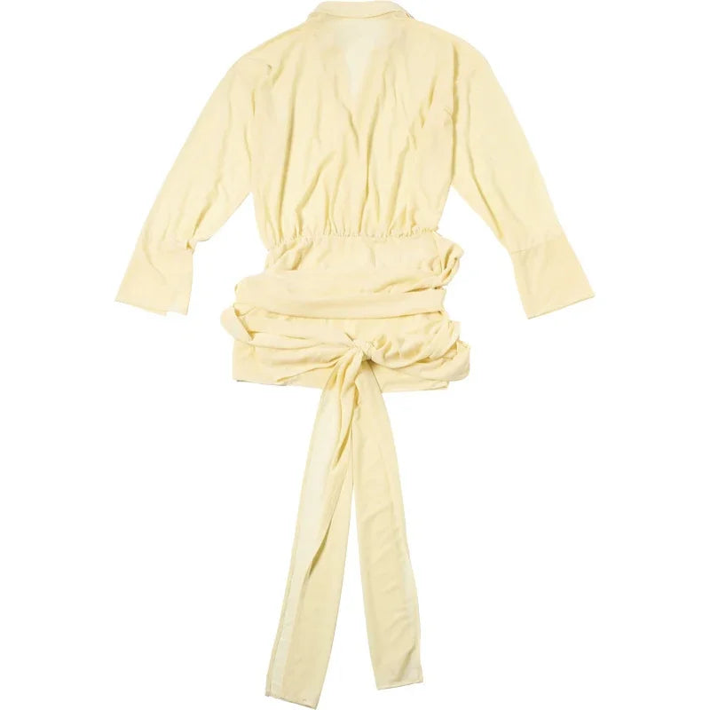Elegant Yellow Lapel Buttons Pleated Mini Dresses