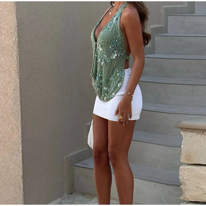 Chiffon Green Sequin Halter Tops