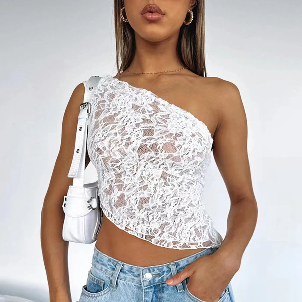 Luxury Lace Open Waist Asymmetric Slant Neck Top
