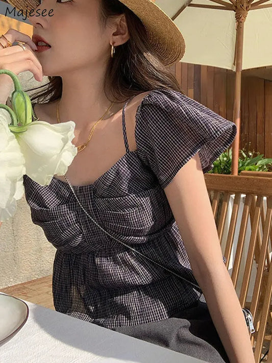Plaid Square Collar Blouse with Bow