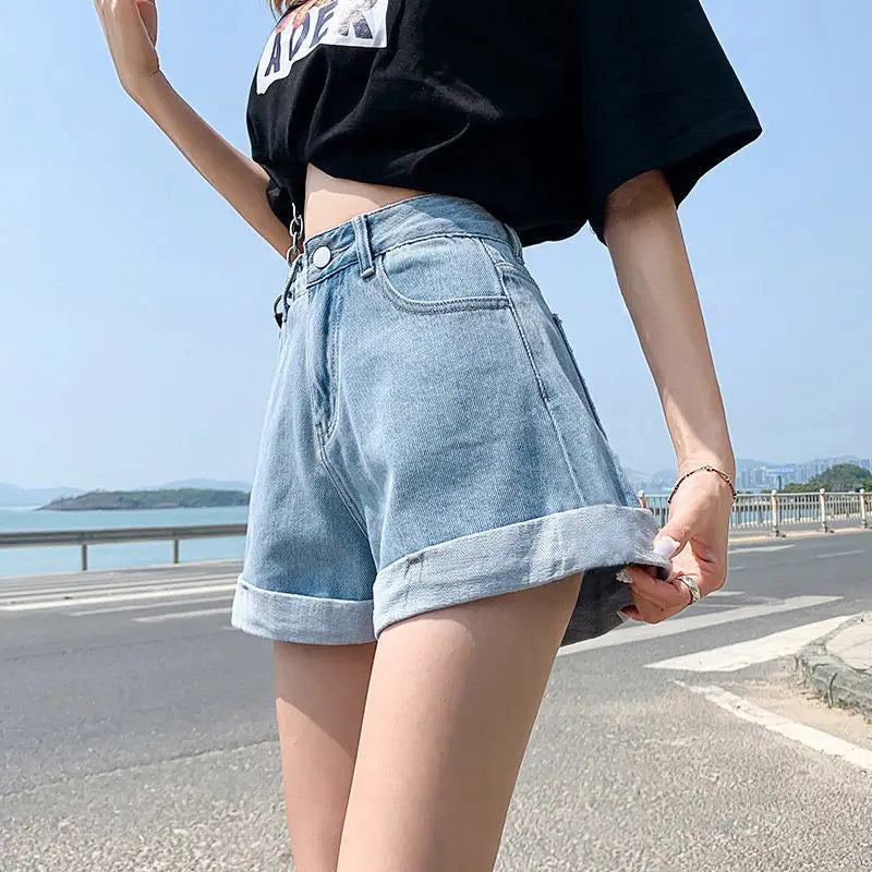 Summer Women's Denim Shorts High Waist Blue Cotton Wide-leg Short Pants Girl's Student Mini Korean Fashion Womens Jean Shorts