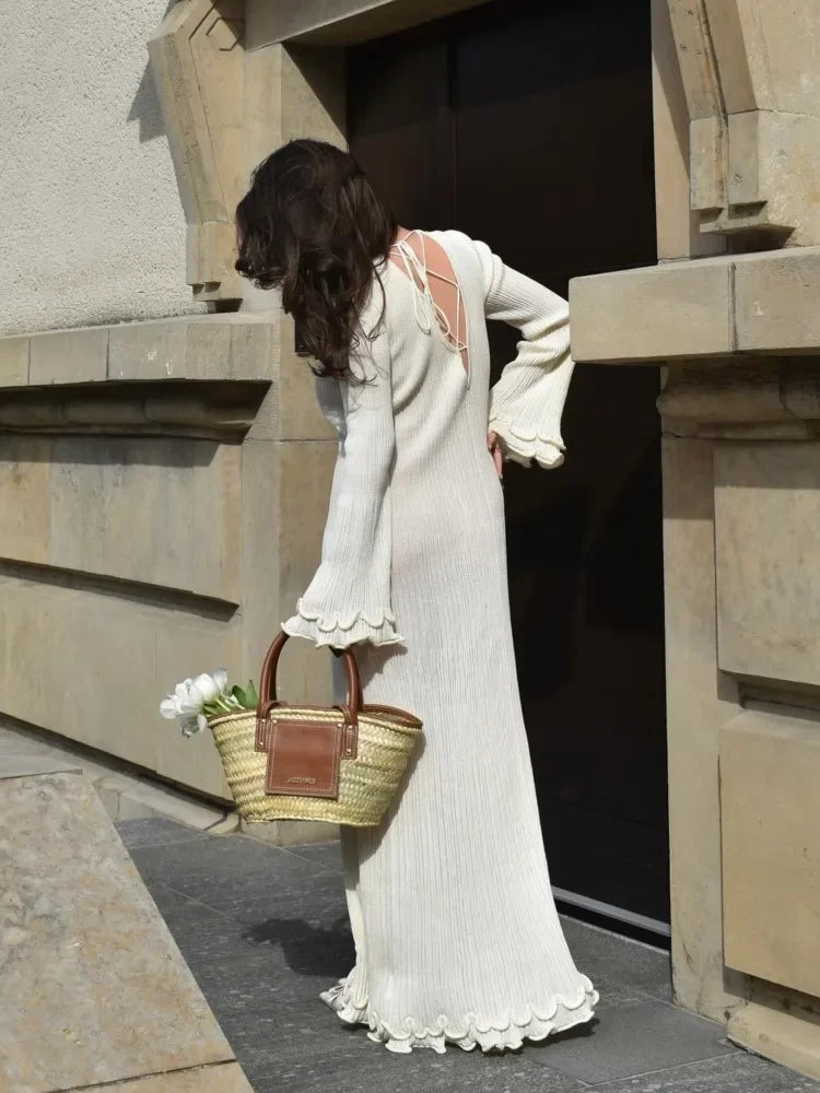 Elegant Ruffle Hem Knit White Long Dress