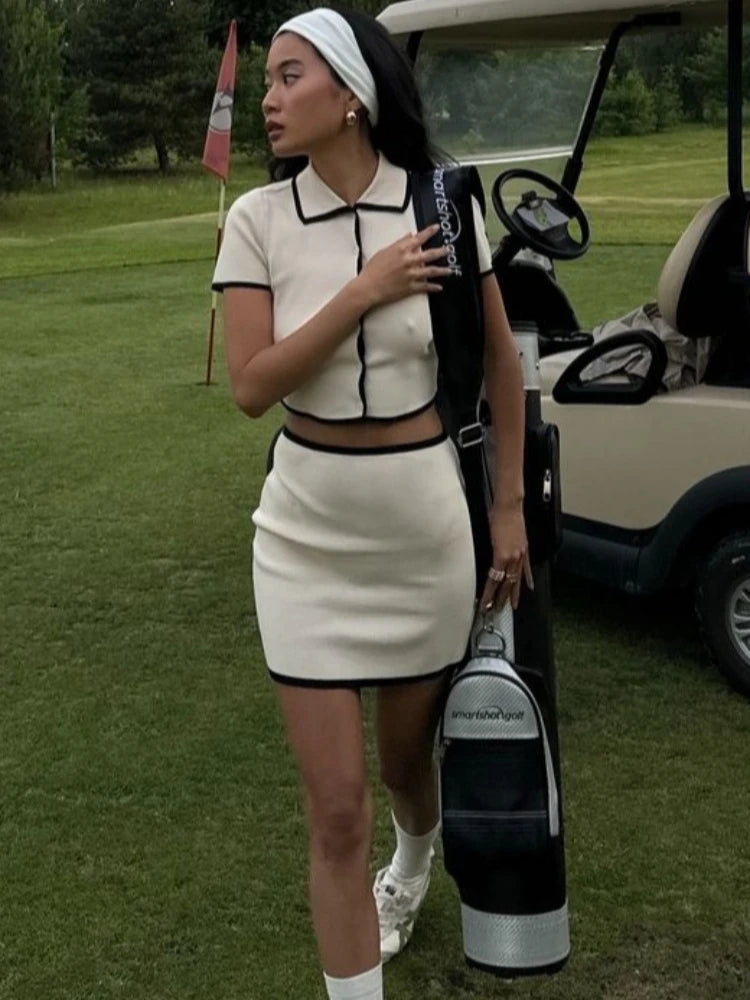 Short Sleeve Lapel Cropped Cardigan + Contrast Skirts Knitwear 2 Piece Set