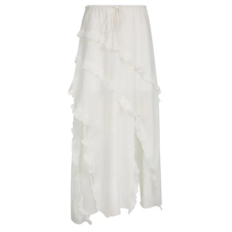 Low Waist Lace Up White Irregular Split White Midi Skirt Women