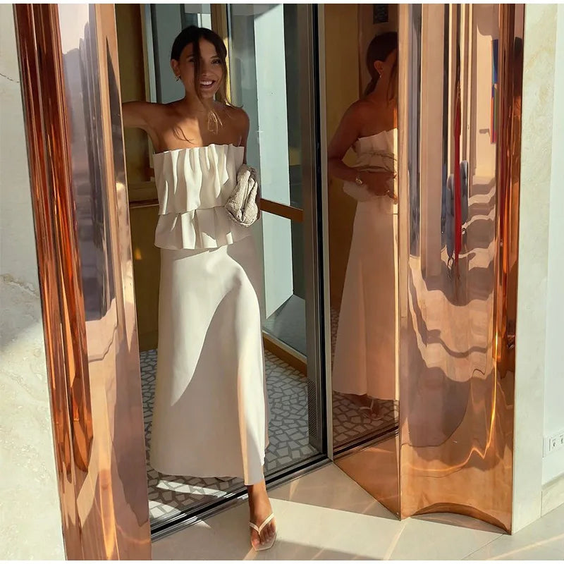 Elegant White Pleated Long Slim Tube Dress