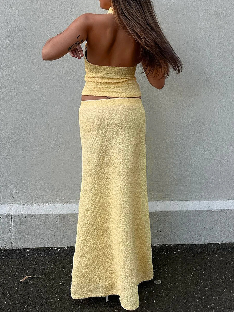 Casual Sleeveless Halter Crop Top High Waist Long Skirt Solid Set