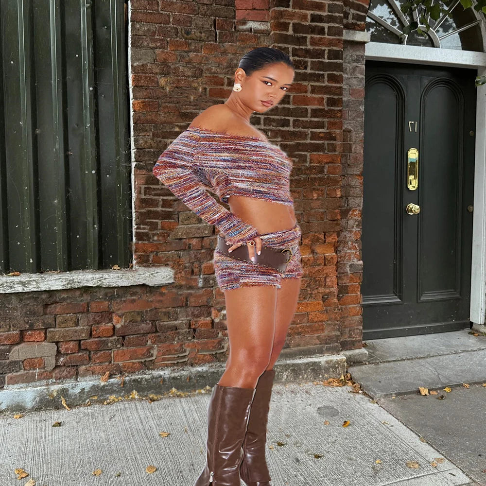 Colorful Stripe Knitted 2 Piece Set Slash Neck Long Sleeve Sweater + Tight Shorts
