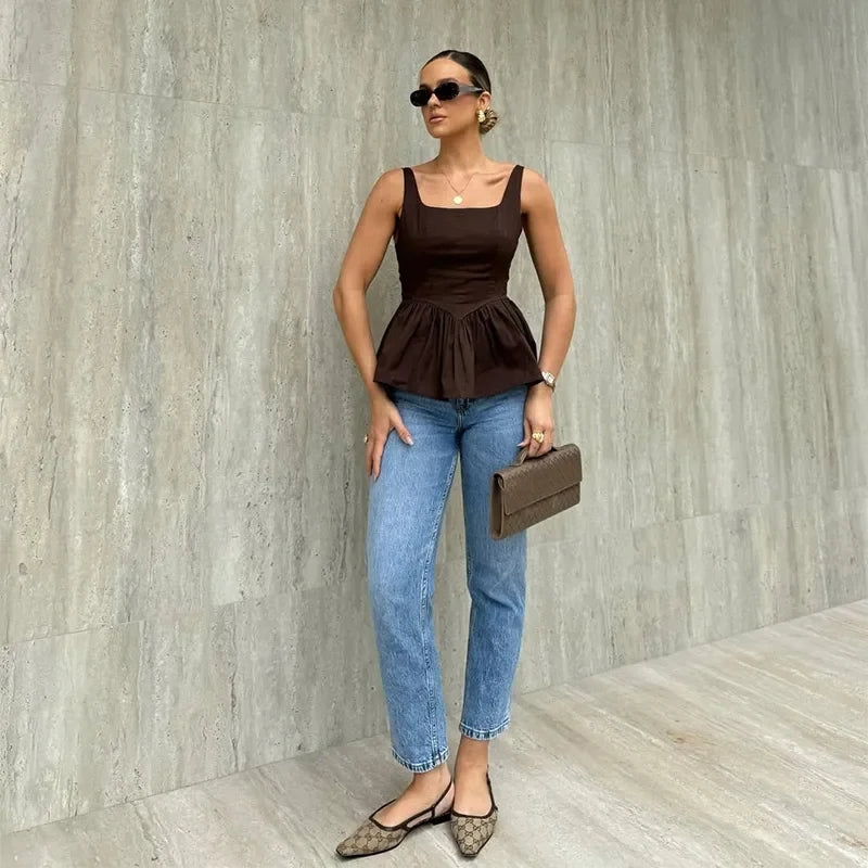 Slim Brown Pleated Tank Top
