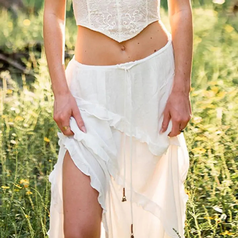 Low Waist Lace Up White Irregular Split White Midi Skirt Women