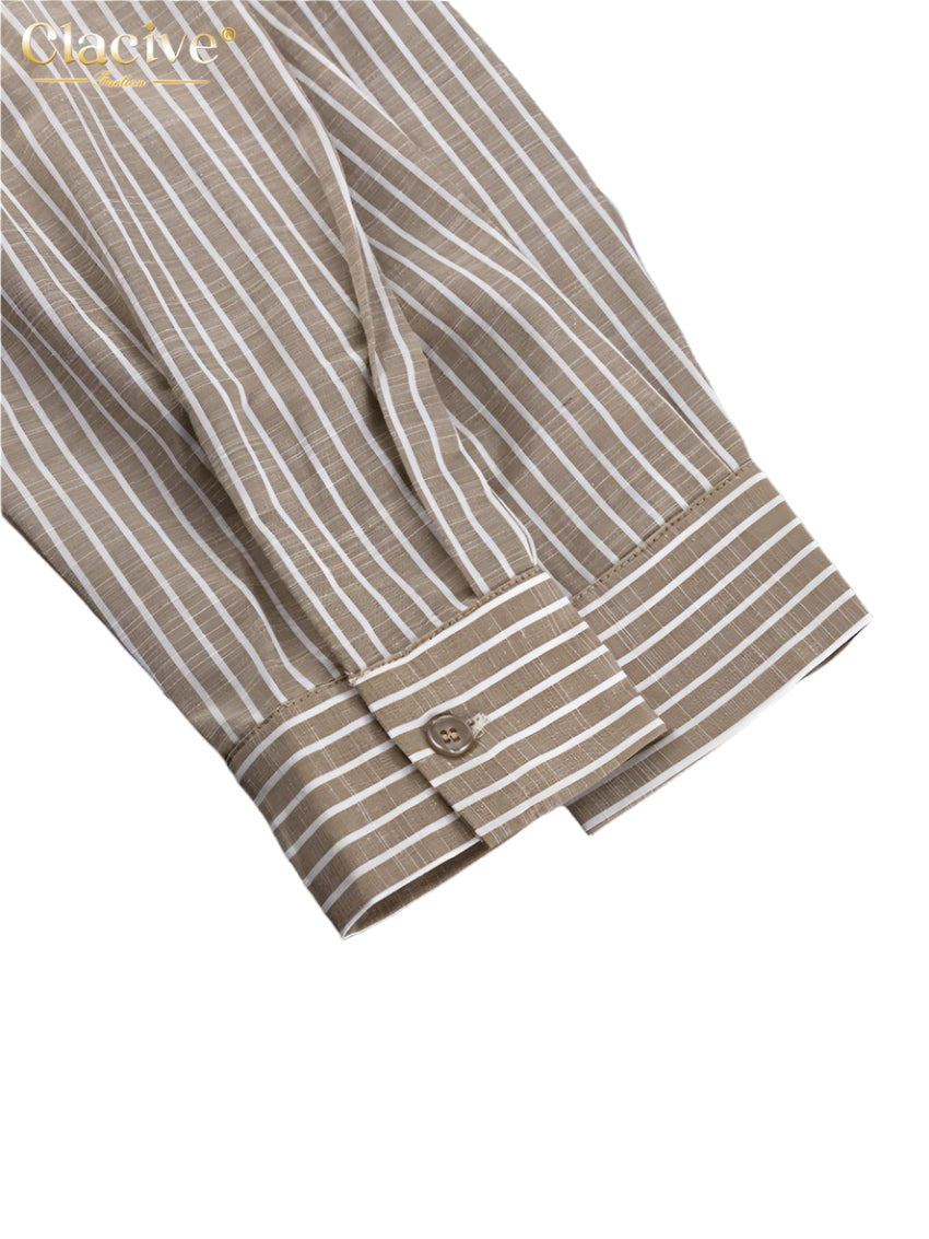 Classic Brown Striped Stand Collar Long Sleeve Shirt