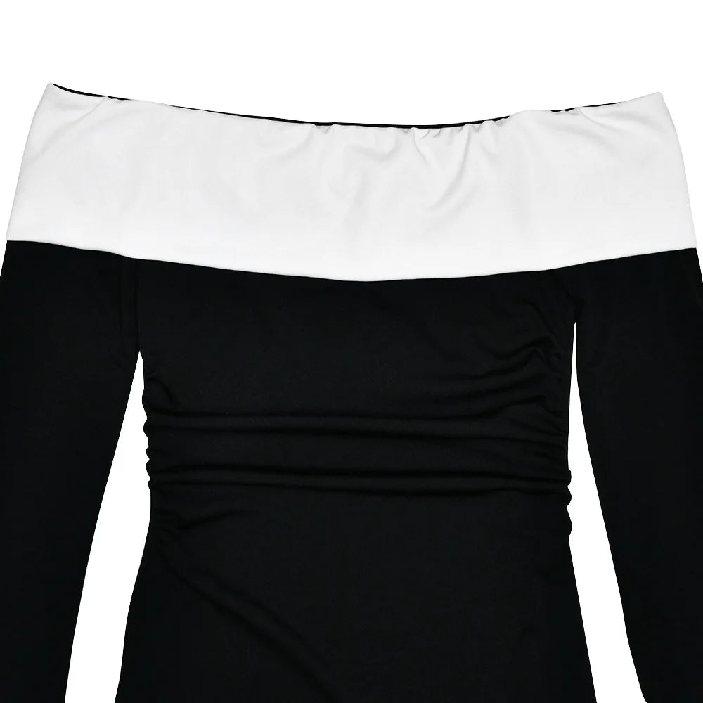 Elegant Off Shoulder Mini Backless Long Sleeve Black and White Sexy Bodycon Dresses