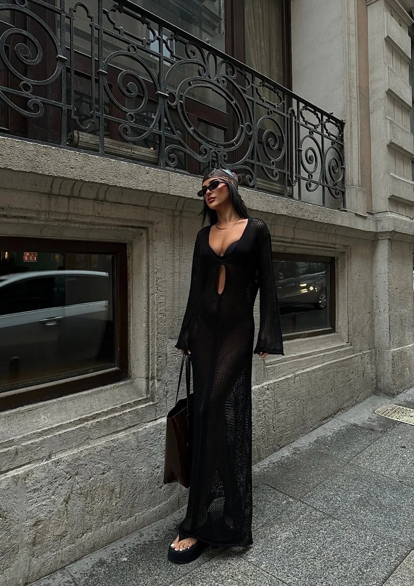 Knit Mesh V-Neck Flared Sleeve Cut Out Cover Up