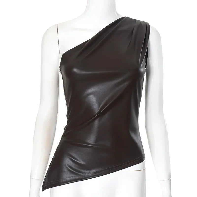 Vintage One Shoulder Slant Collar Side Zipper Leather Top