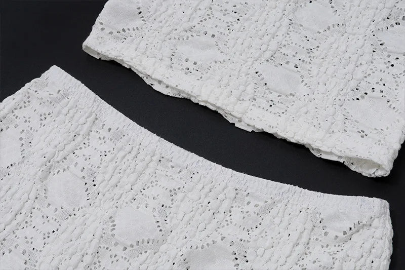 White Casual 2 Piece-Set Long Skirt + Hollow Out Patchwork Sexy Cropped Tank Top