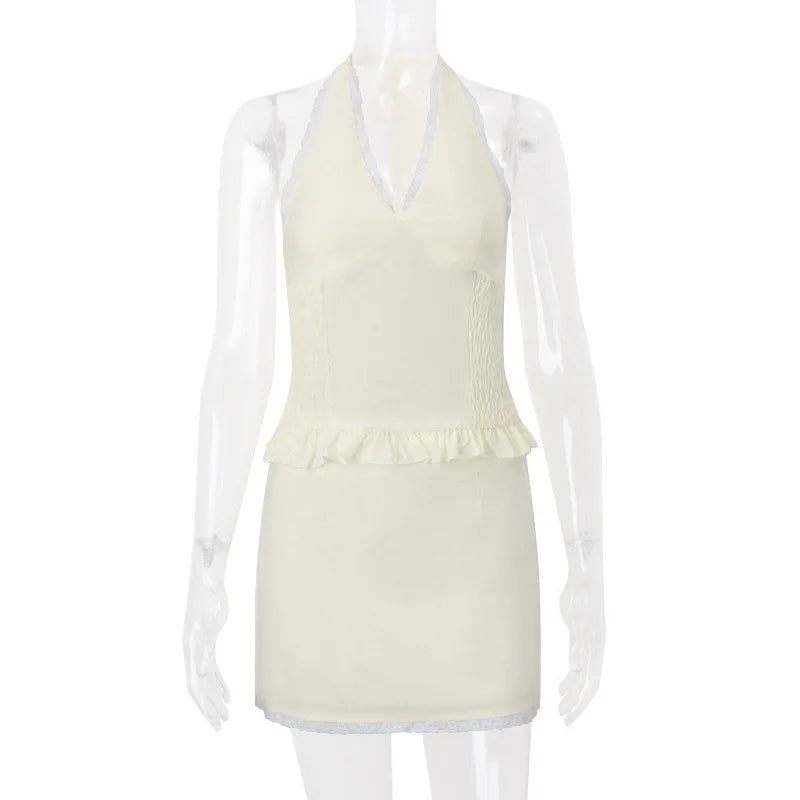2 Piece Lace Trim Tie Halter Neck Ruffle Top + Mini Skirt
