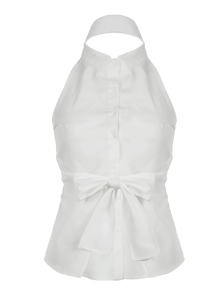 Backless Tie Bow Single Breasted Turn Down V-Neck Halter Top