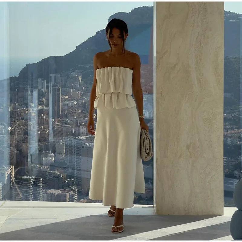 Elegant White Pleated Long Slim Tube Dress