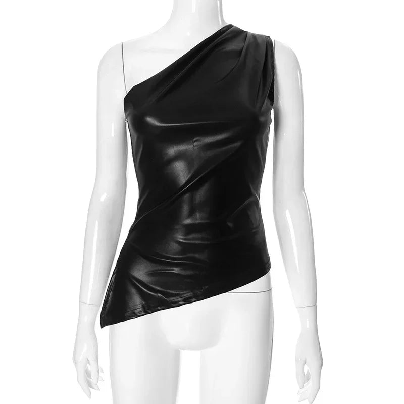 Vintage One Shoulder Slant Collar Side Zipper Leather Top