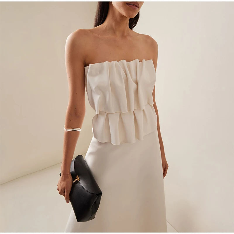 Elegant White Pleated Long Slim Tube Dress