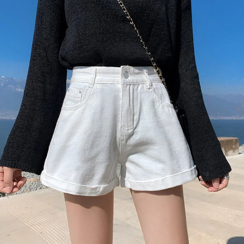 Summer Women's Denim Shorts High Waist Blue Cotton Wide-leg Short Pants Girl's Student Mini Korean Fashion Womens Jean Shorts