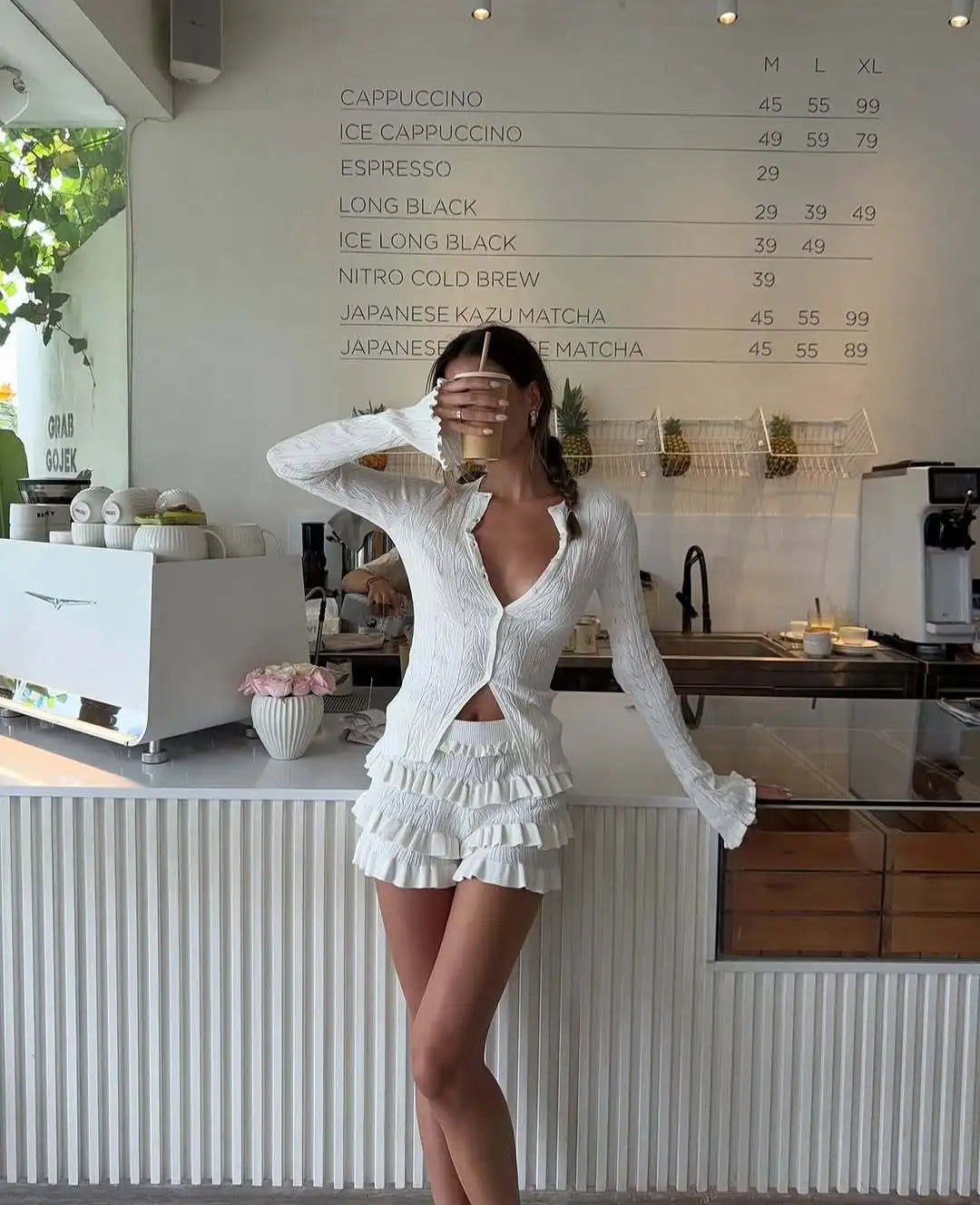 Elegant Slim Ruffle Long Sleeve Top and Mini Shorts Two piece Set