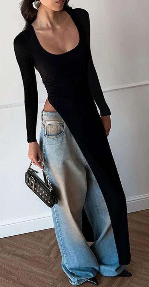 Solid Full Sleeve U-Neck Split Super-Long Top