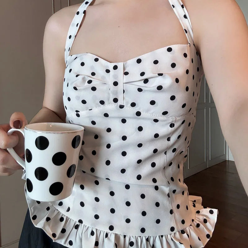 Slim Fit Polka Dot/Plaid Pattern Halter Tops