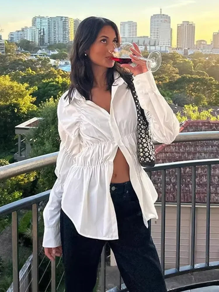 Elegant White Lapel Collar Women's Pleated Shirt