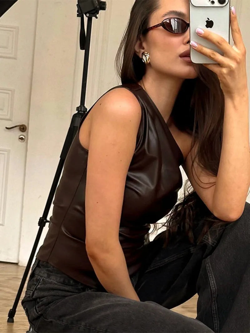 Vintage One Shoulder Slant Collar Side Zipper Leather Top