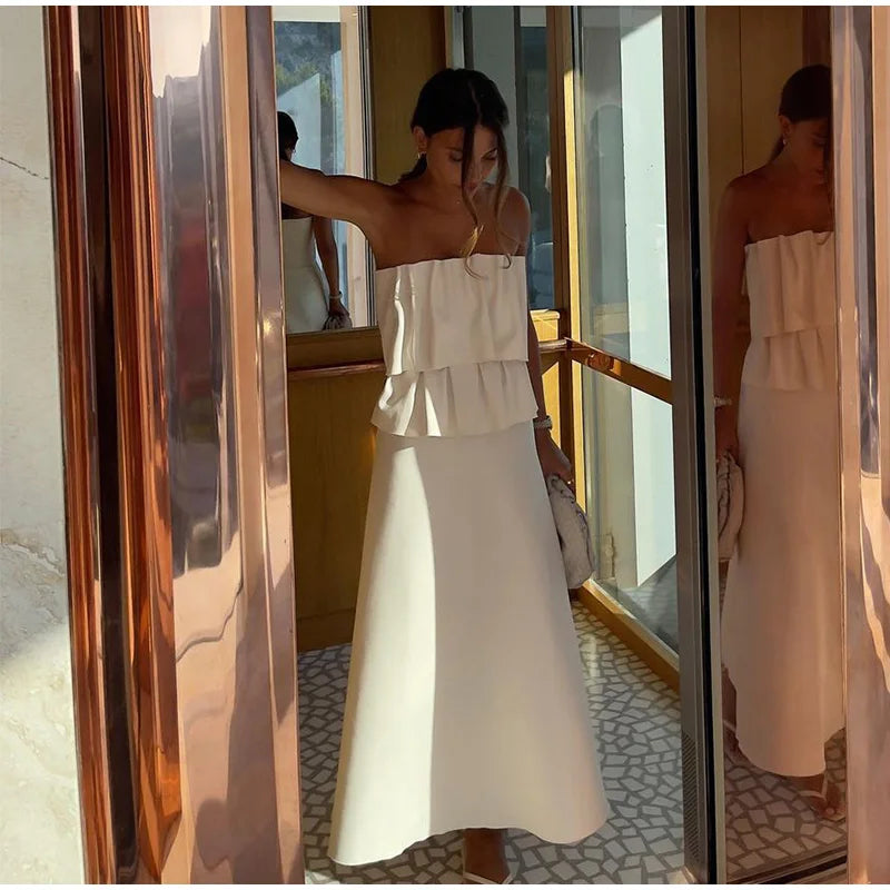 Elegant White Pleated Long Slim Tube Dress