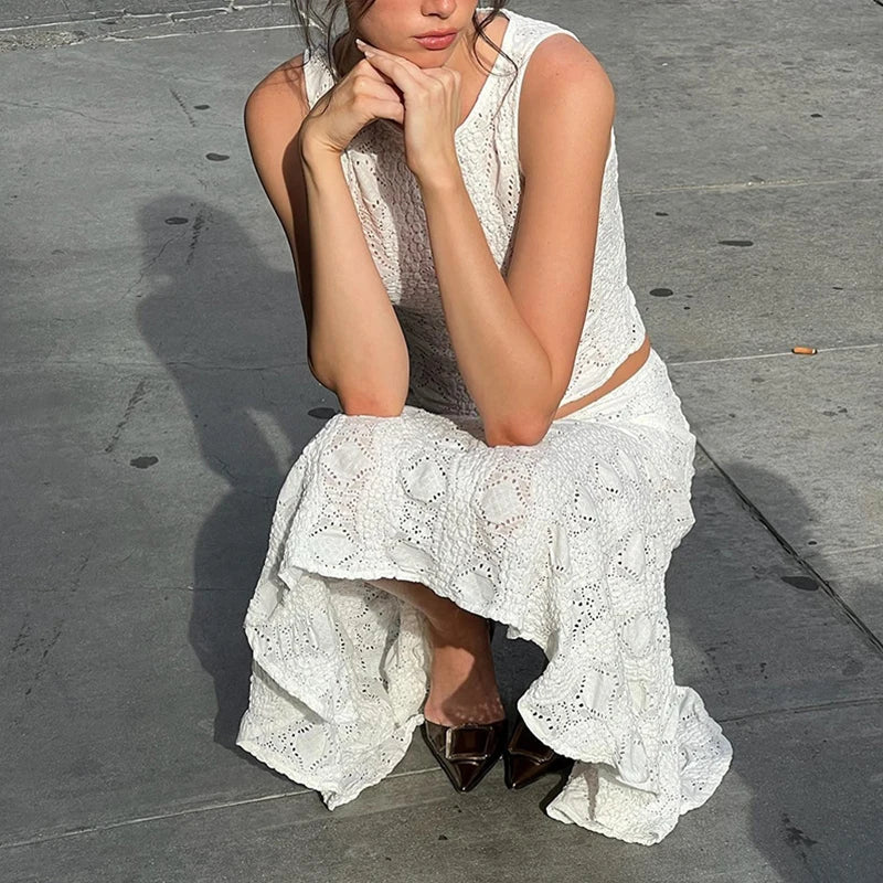 White Casual 2 Piece-Set Long Skirt + Hollow Out Patchwork Sexy Cropped Tank Top