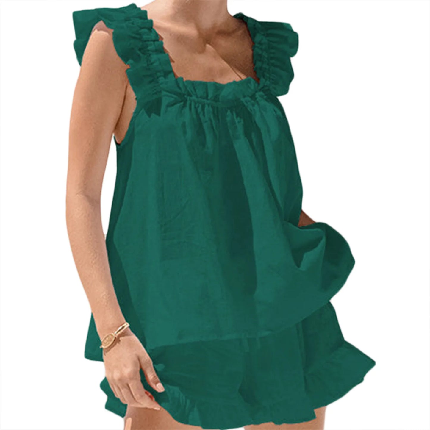 2 Pieces Set Ruffle Sleeveless Sling Square Tank Top + Collar Vest Shorts