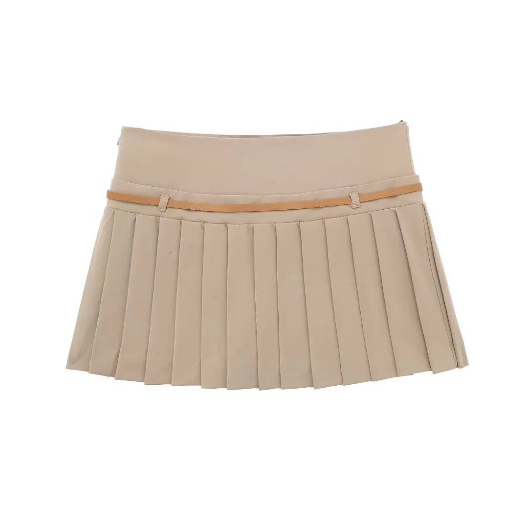 Box Pleated Mini Skirt With Belt