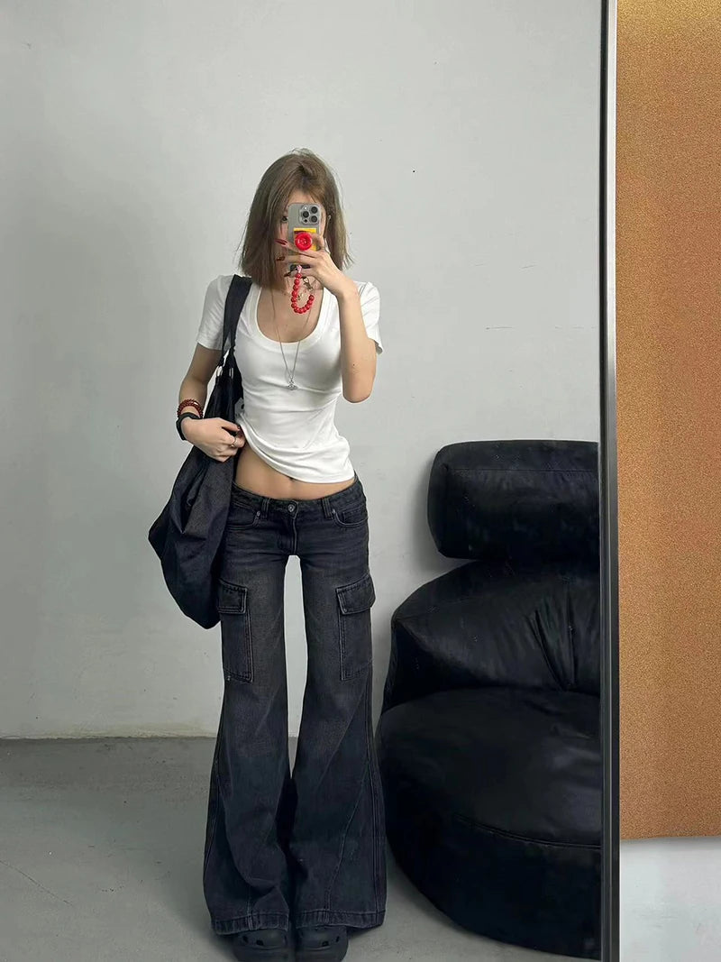 High Waist Flare Denim Pants Multiple Pockets Denim Trouser