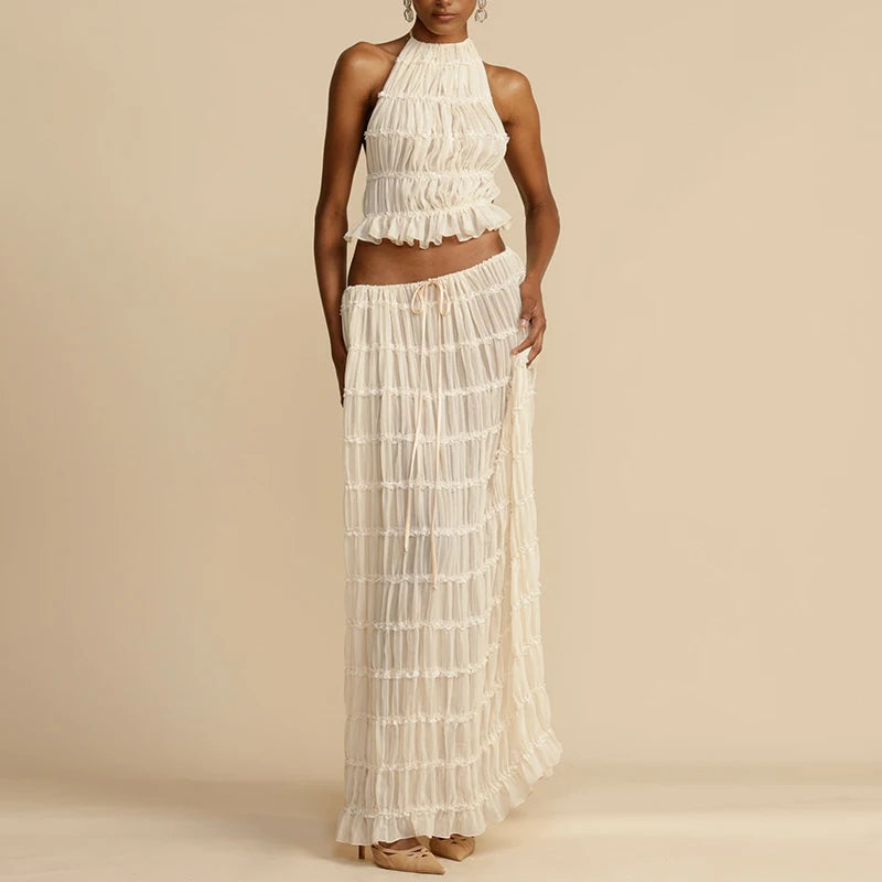 Matching Ruched Halter Cami Tops + Maxi Long Skirt