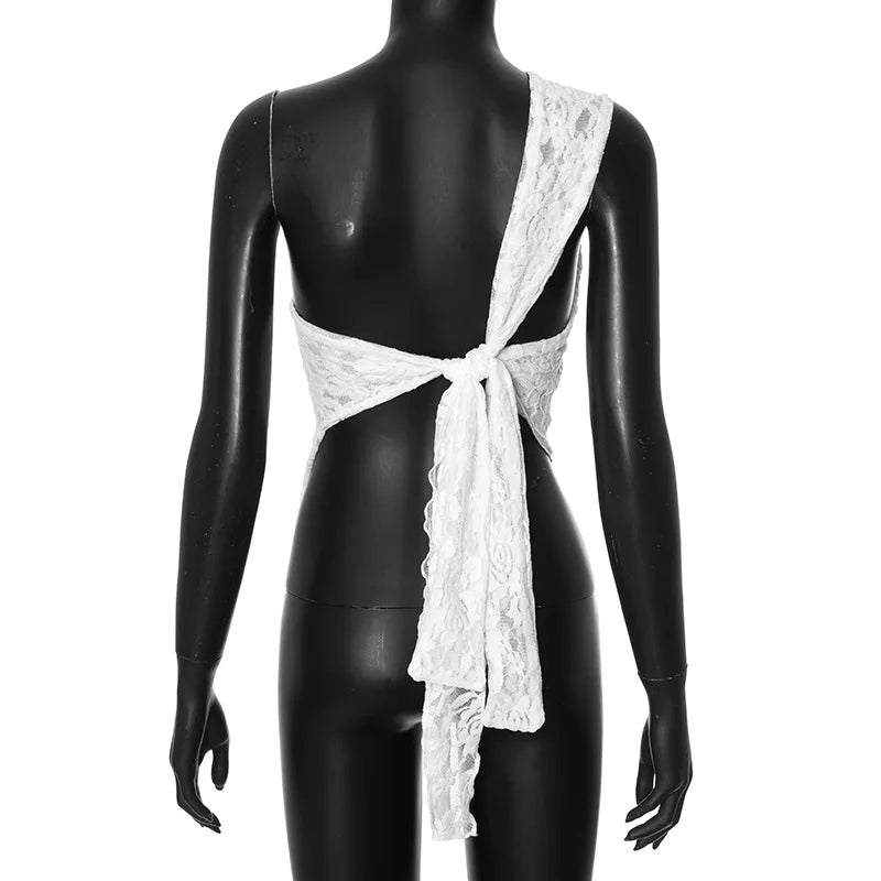 Luxury Lace Open Waist Asymmetric Slant Neck Top