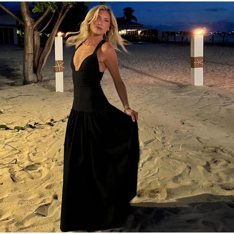 Black Satin Patchwork V-neck Sleeveless Backless Maxi Dress
