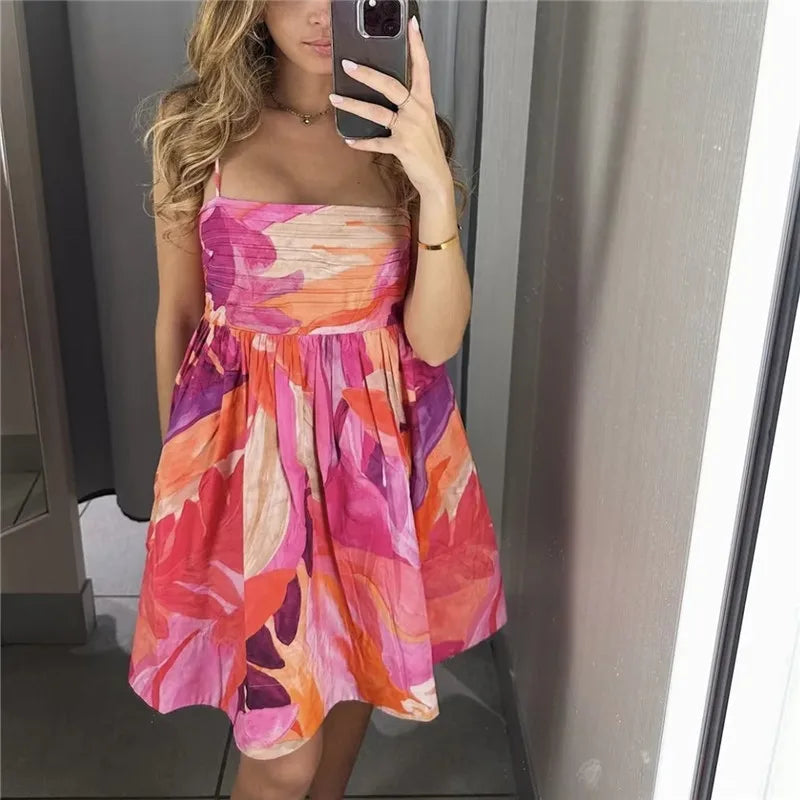 Pleated Slip Mini Dress Woman Print Summer Beach Dress