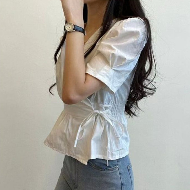 Chic Solid All-Match Lace -Up Blouse