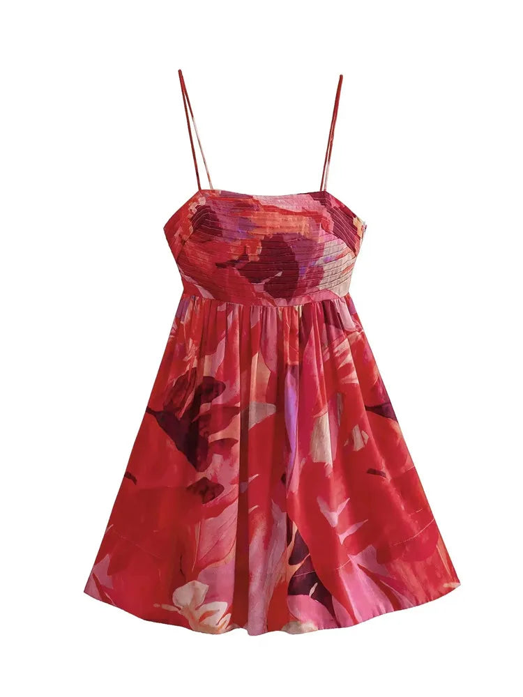 Pleated Slip Mini Dress Woman Print Summer Beach Dress