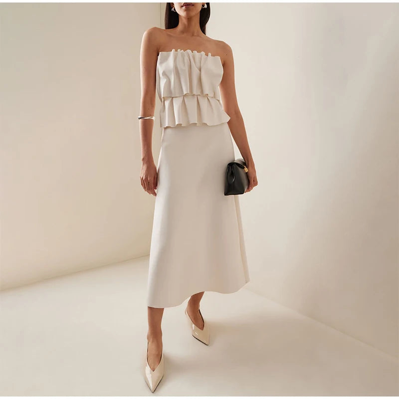 Elegant White Pleated Long Slim Tube Dress