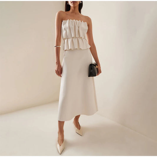 Elegant White Pleated Long Slim Tube Dress