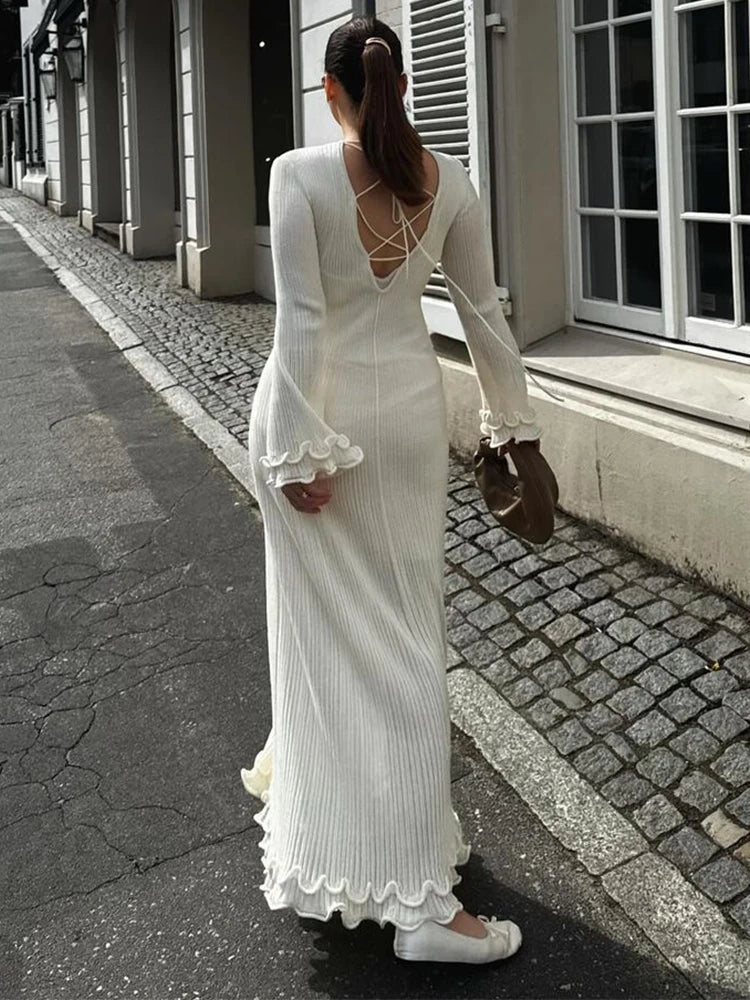 Elegant Ruffle Hem Knit White Long Dress