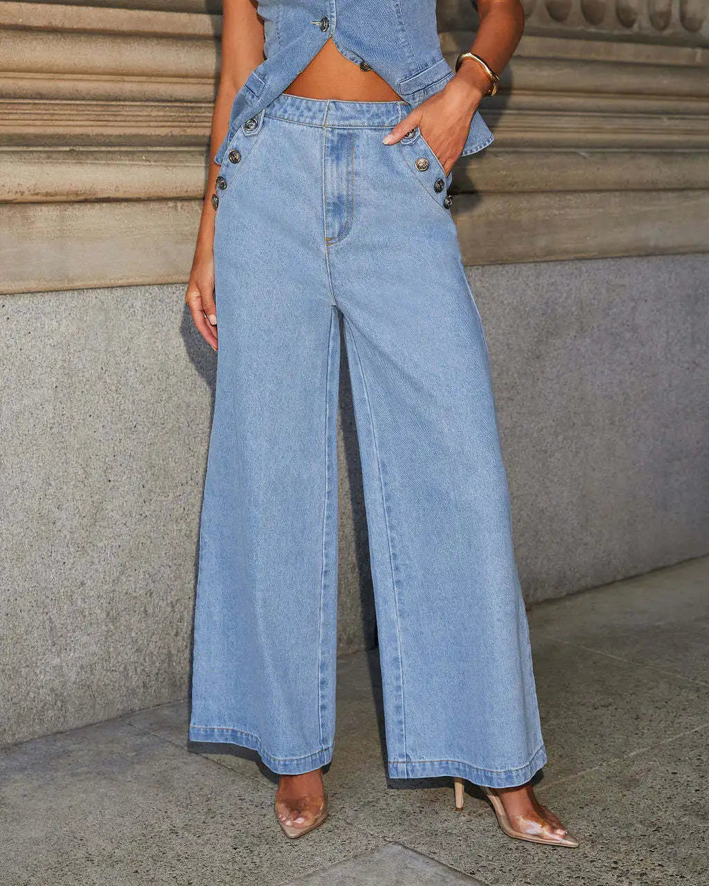 2-Piece Solid Color Sleeveless Vest Wide Leg Pants Suit