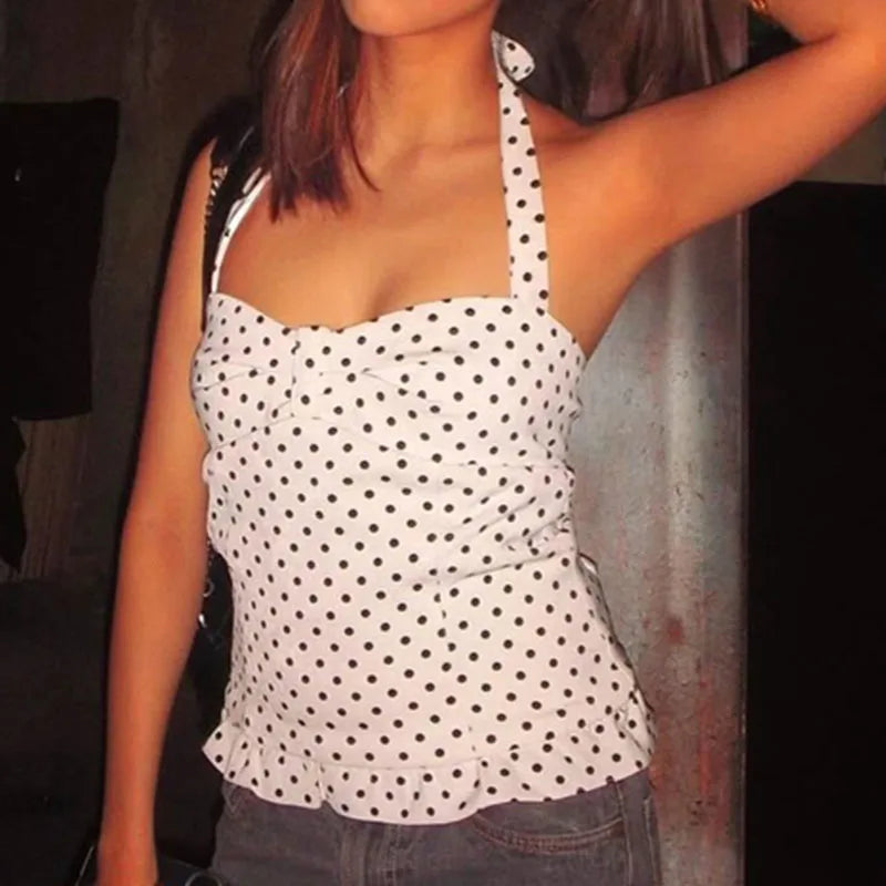 Slim Fit Polka Dot/Plaid Pattern Halter Tops