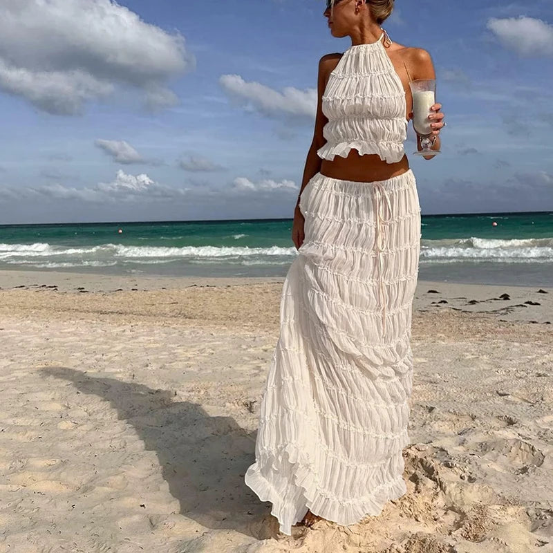 Matching Ruched Halter Cami Tops + Maxi Long Skirt
