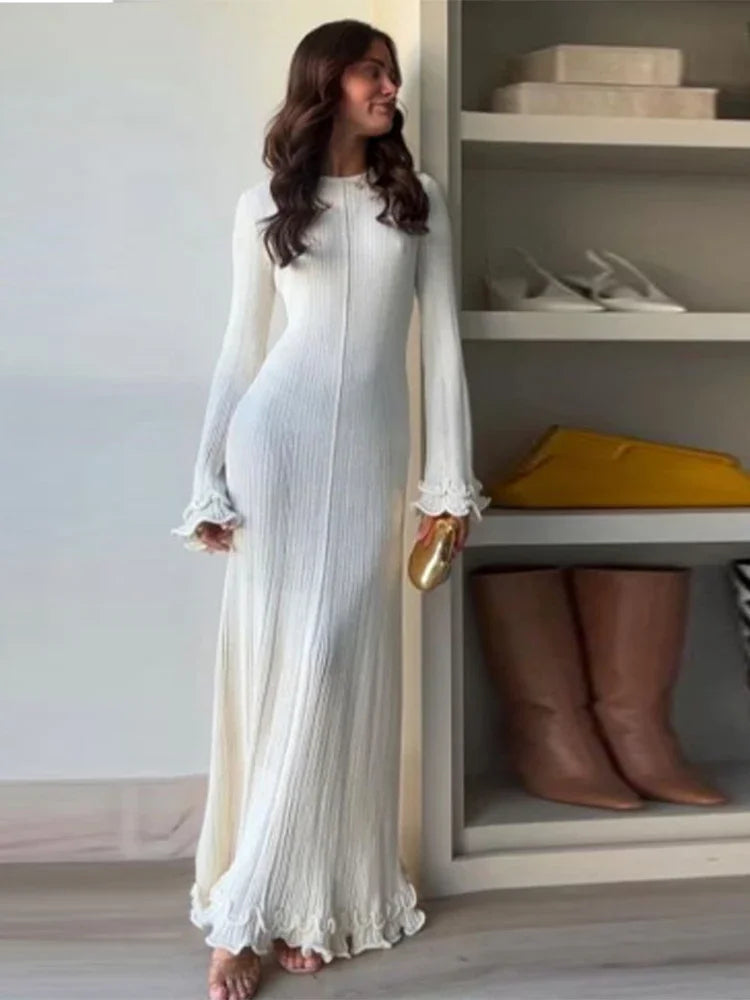 Elegant Ruffle Hem Knit White Long Dress