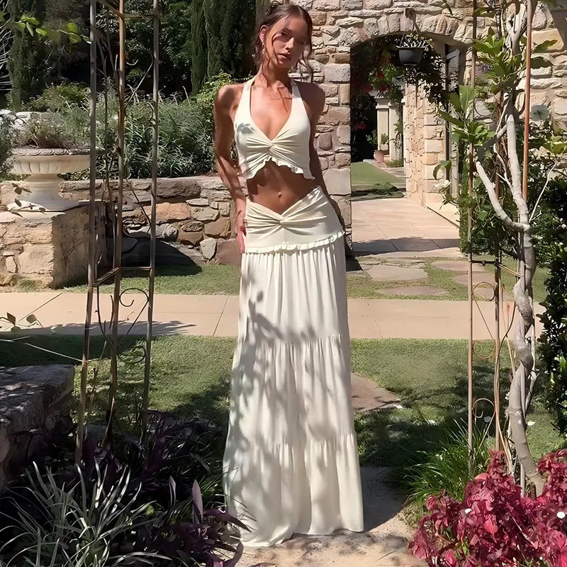 Elegant 2 Piece Set Sleeveless Frill Halter Twist Top + Maxi Skirt