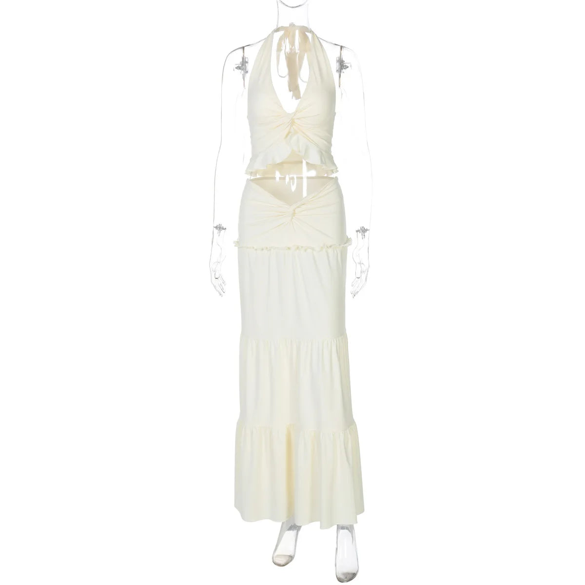 Elegant 2 Piece Set Sleeveless Frill Halter Twist Top + Maxi Skirt