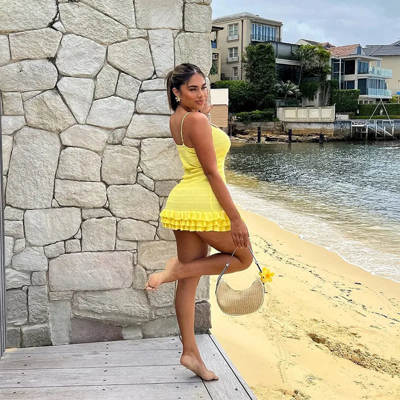 2025 Women's Knitted Backless Sleeveless Strap Dress Sexy High Street Solid Layered Slim Fit Vestidos Spring New Chic Beach Gown